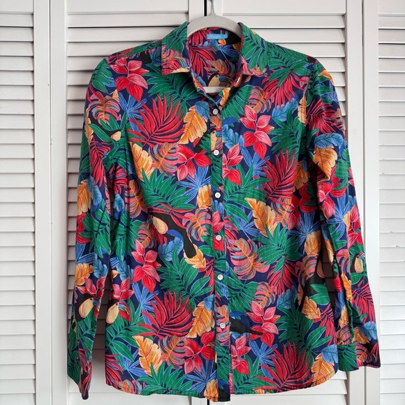 J McLaughlin Lois Blouse Shirt Mega Palm Pop Navy/Multicolor Tropical Small - Picture 2 of 7